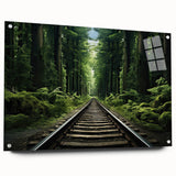 Acrylic glass wall art collection featuring a side view of a vibrant railroad landscape design, showcasing intricate details and colorful elements, ideal for modern decor.