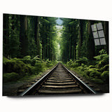 Acrylic wall art depicting a vibrant landscape scene with railroad tracks, presented in a sleek side view. Ideal for modern home decor, showcasing rich colors and intricate details for an artistic touch.