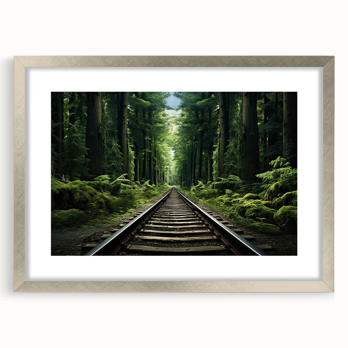 Framed wall art collection showcasing vibrant landscapes and railroads design, featuring a silver mat and modern aesthetic, ideal for home decor enhancement.