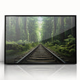 Framed acrylic wall art collection showcasing a stunning railroad landscape design, featuring a sleek black frame and vibrant colors, perfect for home decor.