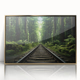 Framed acrylic wall art featuring a stunning landscape design with vibrant colors and intricate details, showcasing a railroad scene, elegantly presented in a gold frame.