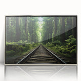 Framed acrylic wall art collection featuring a vibrant landscape and railroad design with a sleek silver frame, enhancing modern home decor aesthetics.