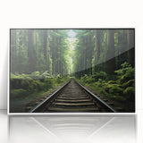 Framed wall art collection showcasing five landscape railroad designs, featuring vibrant colors and intricate details in a sleek white frame, ideal for home decor.
