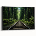 Framed canvas wall art collection showcasing a serene railroad landscape design with black framing, ideal for modern home decor, enhancing any interior space.