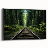 Framed canvas wall art collection showcasing a serene railroad landscape design with black framing, ideal for modern home decor, enhancing any interior space.