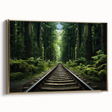 Framed canvas wall art collection depicting serene landscapes and railroads, featuring a gold frame and side view, perfect for home decor enhancement.