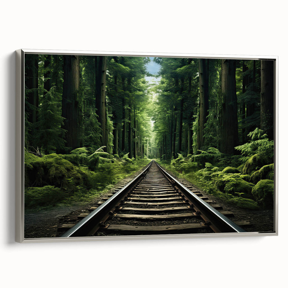 Framed canvas wall art collection showcasing a landscape design with railroads, featuring a silver frame and vibrant colors, perfect for home decor enthusiasts.