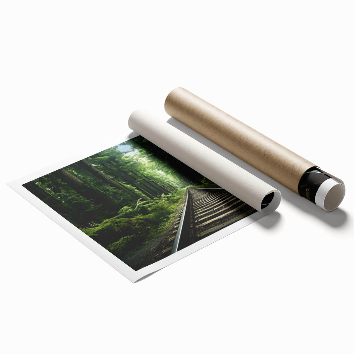 Landscape railroad-themed wall art print featuring vibrant colors and detailed train tracks winding through scenic nature, rolled for easy transport and display.