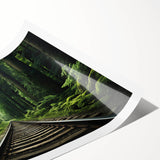 Vibrant rolled print showcasing a serene railroad landscape design, featuring lush greenery and a clear blue sky, ideal for enhancing home decor with a nature-inspired theme.