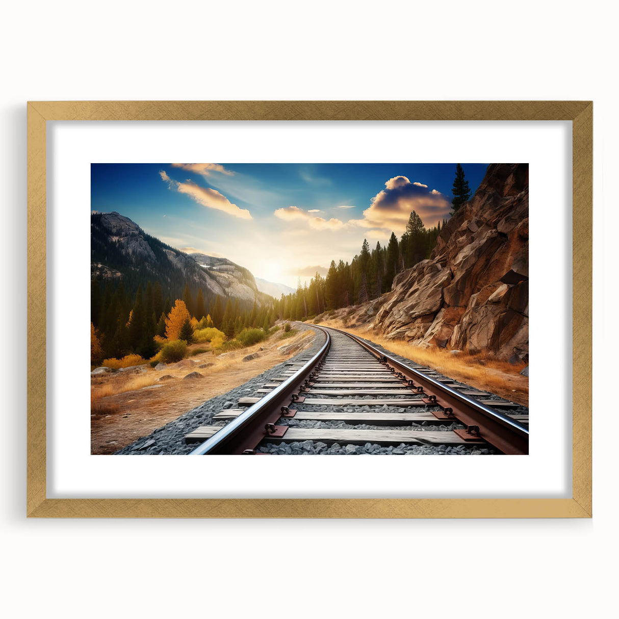 Framed landscape wall art collection featuring railroad designs in gold matting, showcasing intricate details and vibrant colors, perfect for modern home décor.
