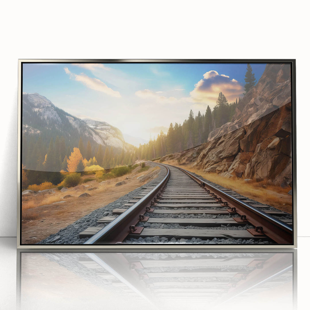 Framed acrylic wall art collection showcasing a vibrant railroad landscape design with silver accents, ideal for enhancing modern home decor.