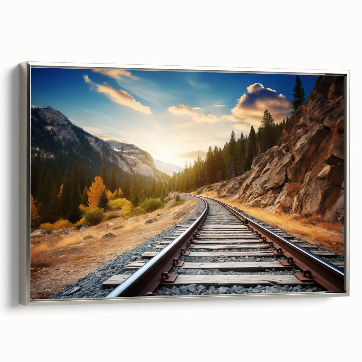 Framed canvas wall art showcasing a serene landscape with railroad tracks, featuring a silver frame and vibrant colors, perfect for modern home decor.