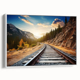 Framed canvas wall art featuring a scenic railroad landscape with vibrant colors, displayed against a white background, ideal for enhancing modern decor.