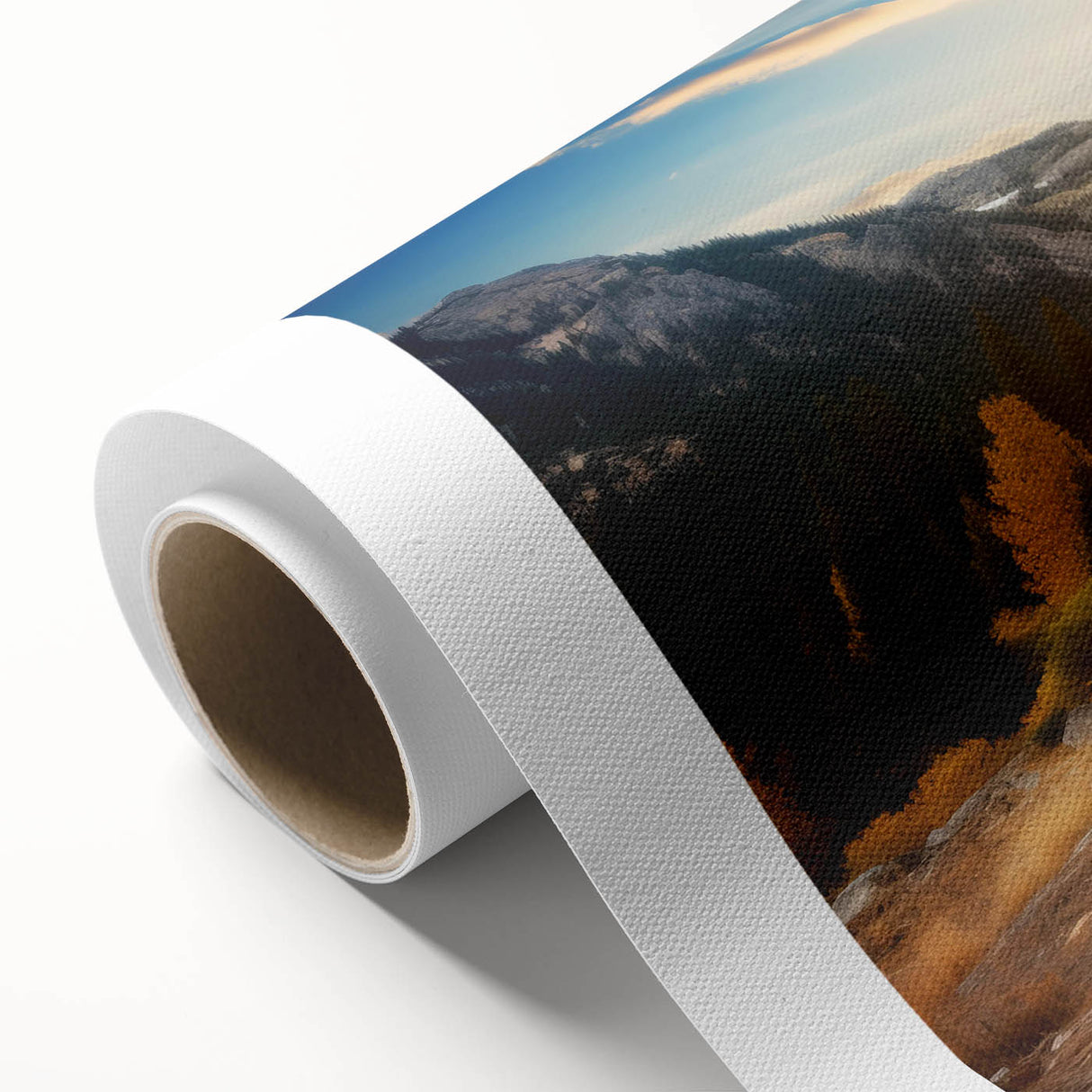 Vibrant rolled canvas artwork showcasing a stunning railroad landscape design, featuring rich colors and intricate details, perfect for enhancing home decor.