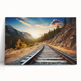 Stretched canvas wall art showcasing a serene railroad landscape design, featuring vibrant colors and intricate details, perfect for home decor enhancement.