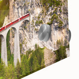 Close-up of a vibrant acrylic glass wall art piece showcasing an abstract railroad landscape design, featuring bold colors and intricate details, perfect for modern home decor.