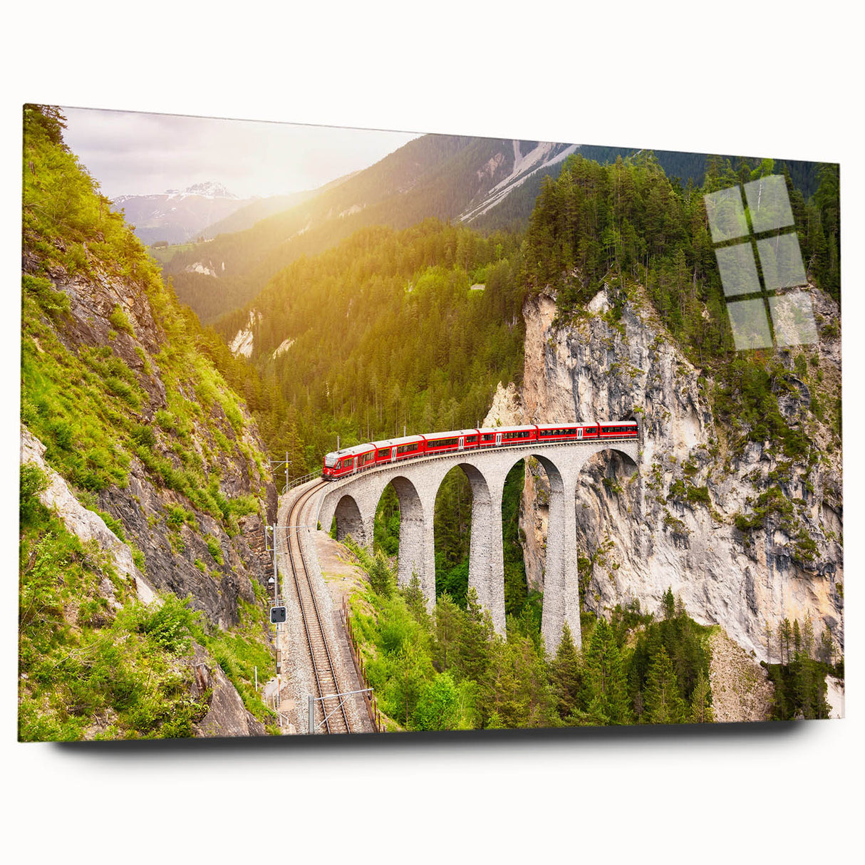 Acrylic glass wall art collection showcasing vibrant landscapes and railroads, side view without pins, perfect for modern decor and art enthusiasts.