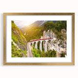 Framed wall art collection showcasing a stunning landscape and railroad design, featuring a gold frame and matting for an elegant presentation, perfect for home decor.
