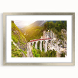 Framed wall art collection featuring a railroad landscape design in a silver frame with a mat, showcasing vibrant colors and intricate details, ideal for home decor.