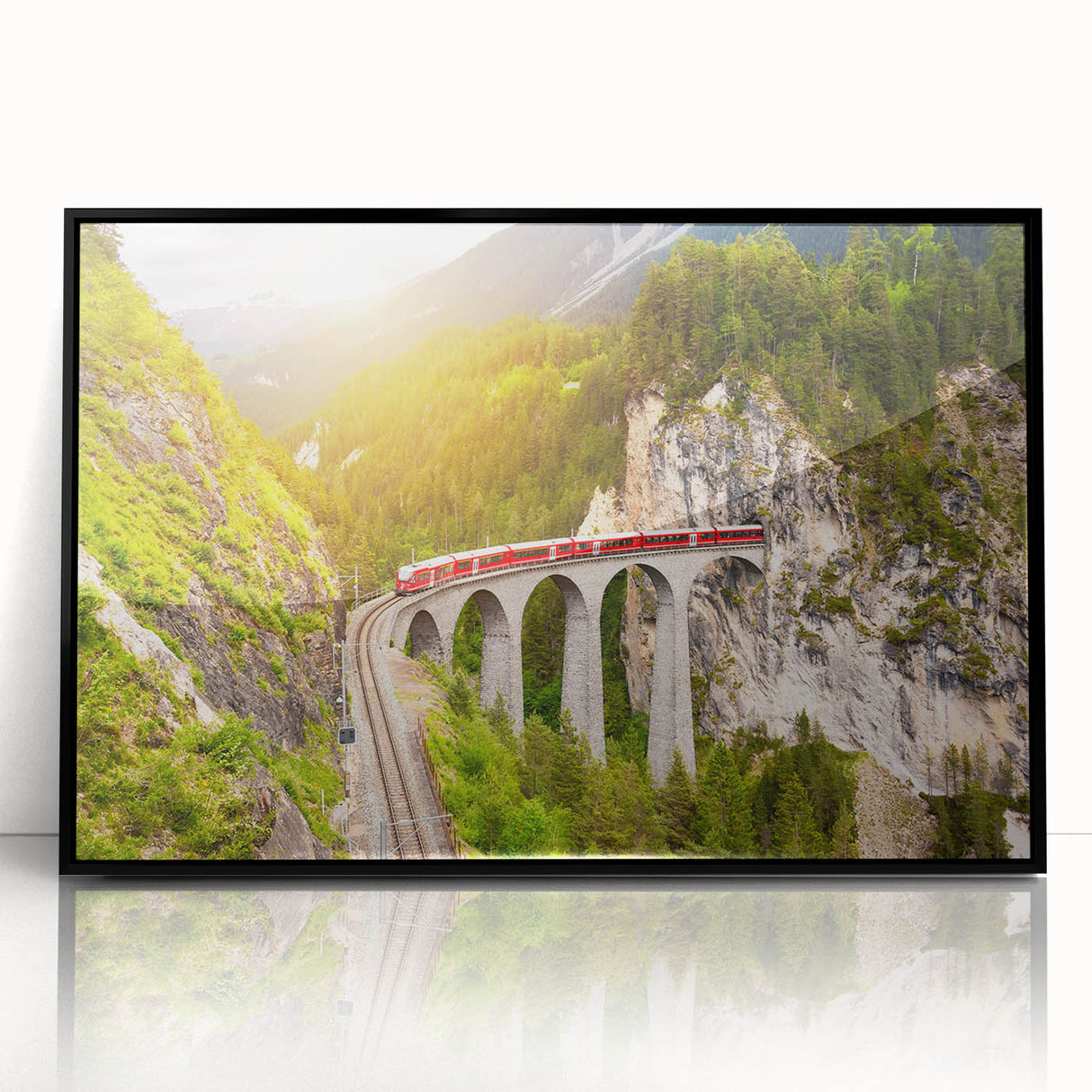 Framed black acrylic wall art showcasing a vibrant landscape with railroad elements, perfect for modern decor, enhancing any living space with artistic flair.