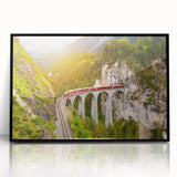 Framed black acrylic wall art showcasing a vibrant landscape with railroad elements, perfect for modern decor, enhancing any living space with artistic flair.