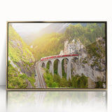 Framed acrylic wall art featuring a stunning railroad landscape design in gold tones, set against a sleek black background. Ideal for modern decor and art lovers.