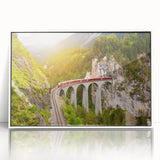 Framed acrylic wall art collection showcasing vibrant landscapes and railroads, featuring a white frame and a modern design, ideal for home decor.