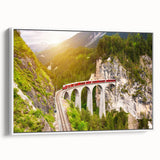 Framed canvas wall art collection depicting serene landscapes with railroads, featuring warm earth tones and white framing, ideal for home decor.