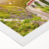 Vibrant rolled canvas wall art depicting a picturesque railroad landscape, showcasing rich colors and intricate details, ideal for home decor enthusiasts.