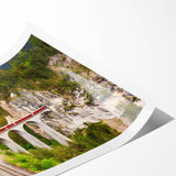 Rolled print of a vibrant landscape featuring a railroad scene, showcasing lush greenery and a dramatic sky, designed for wall art enthusiasts. Perfect for enhancing home decor.