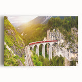Stretched canvas wall art showcasing a vibrant railroad landscape design, featuring rich colors and intricate details, perfect for home or office decor.