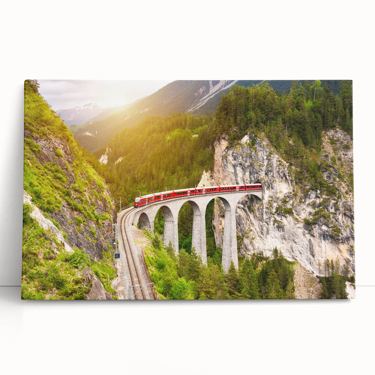 Stretched canvas wall art showcasing a vibrant railroad landscape design, featuring rich colors and detailed scenery, ideal for modern home decor.