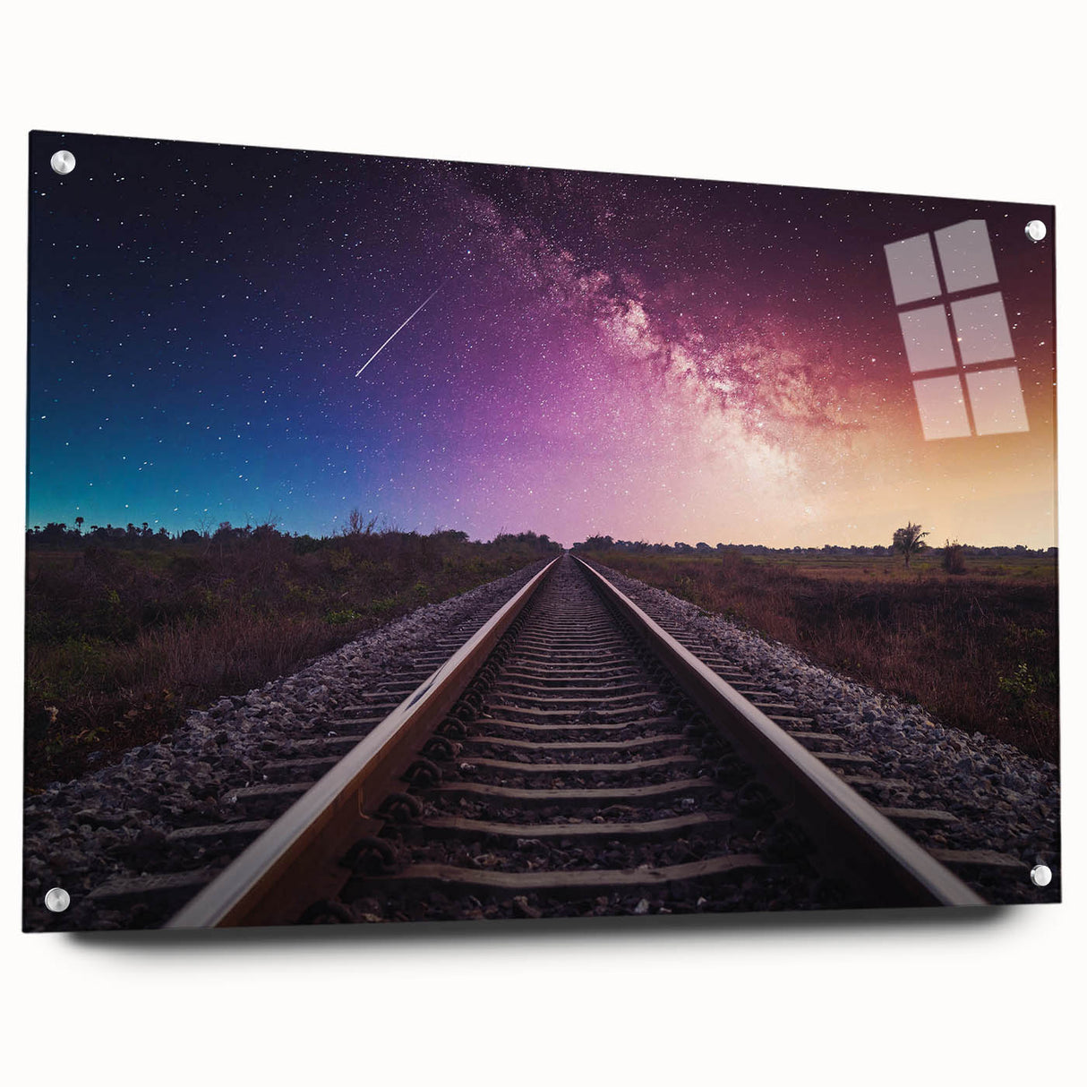 Acrylic glass wall art featuring a vibrant landscapes and railroads design, showcasing intricate details and a side view with pins for hanging. Perfect for enhancing home decor.