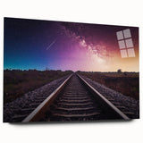 Acrylic glass wall art design showcasing a vibrant landscape with railroads, presented in a side view without pins, ideal for modern decor.