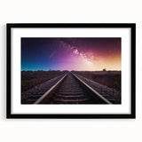 Framed wall art collection showcasing a vibrant landscape design featuring railroads, presented in a sleek black frame with a mat for added elegance, ideal for home decor.