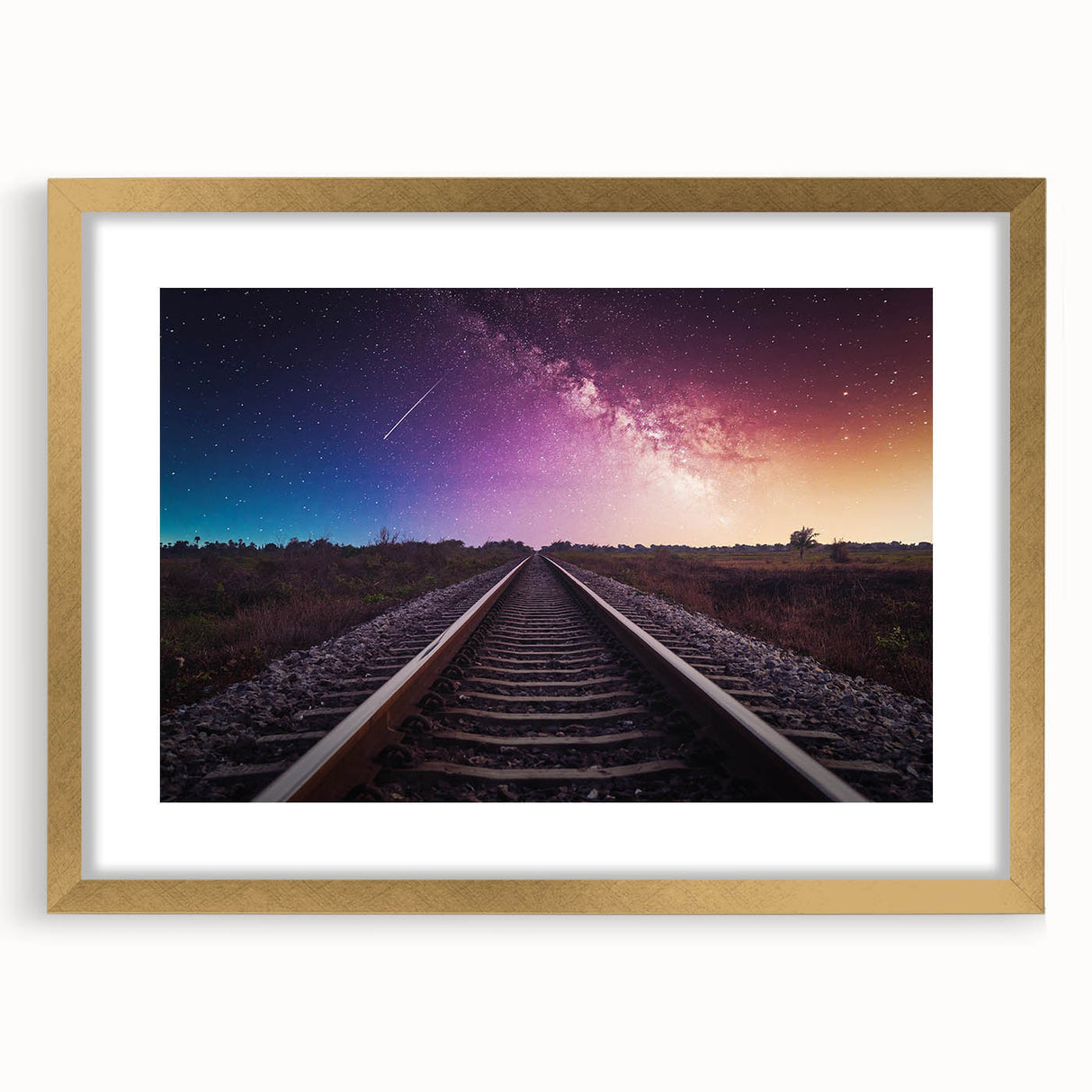 Wall art collection featuring a gold-framed landscape railroad design with a mat, showcasing intricate details and vibrant colors, perfect for enhancing home decor. This elegant piece blends modern design with classic charm, ideal for art enthusiasts.
