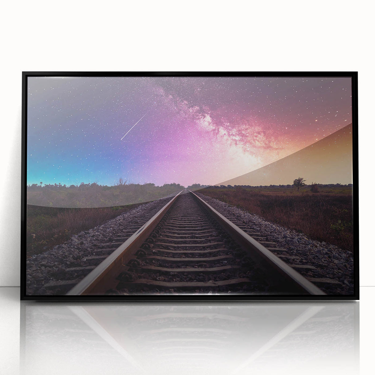 Framed wall art collection showcasing a scenic landscape with railroads, featuring a sleek black frame and acrylic front, ideal for modern decor.