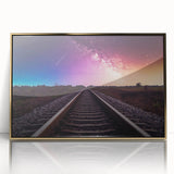 Framed wall art collection showcasing a vibrant railroad landscape design, featuring gold accents and acrylic glass front for a modern aesthetic. Perfect for enhancing home decor.