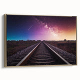 Framed canvas wall art showcasing an elegant railroad landscape design, featuring a gold frame, perfect for enhancing modern home decor with a touch of sophistication.