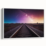 Framed canvas wall art collection showcasing vibrant landscape and railroad designs, presented in a sleek white frame, ideal for modern home decor.