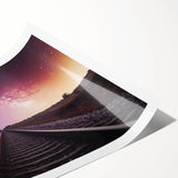 Landscape wall art print showcasing a vibrant railroad scene with rich colors and intricate details, rolled for easy framing and display. Perfect for enhancing home decor.