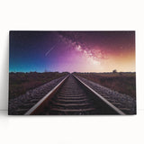 Stretched canvas wall art featuring a vibrant railroad landscape design, showcasing lush greenery and a clear sky, perfect for enhancing home decor.