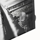 Close-up view of a vibrant acrylic glass artwork showcasing a serene railroad landscape, emphasizing rich colors and intricate details, perfect for modern home decor.