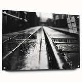 Acrylic glass wall art collection showcasing a vibrant railroad landscape design, viewed from the side with visible hanging pins, ideal for modern home decor.