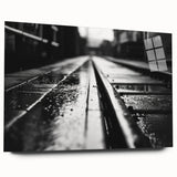 Acrylic glass wall art collection showcasing a vibrant landscape with a railroad theme, viewed from the side, emphasizing colors and textures in modern decor.