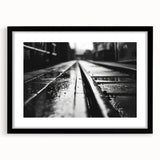 Framed wall art collection showcasing a stunning landscape with railroad design, featuring a sleek black frame and mat, ideal for modern decor.