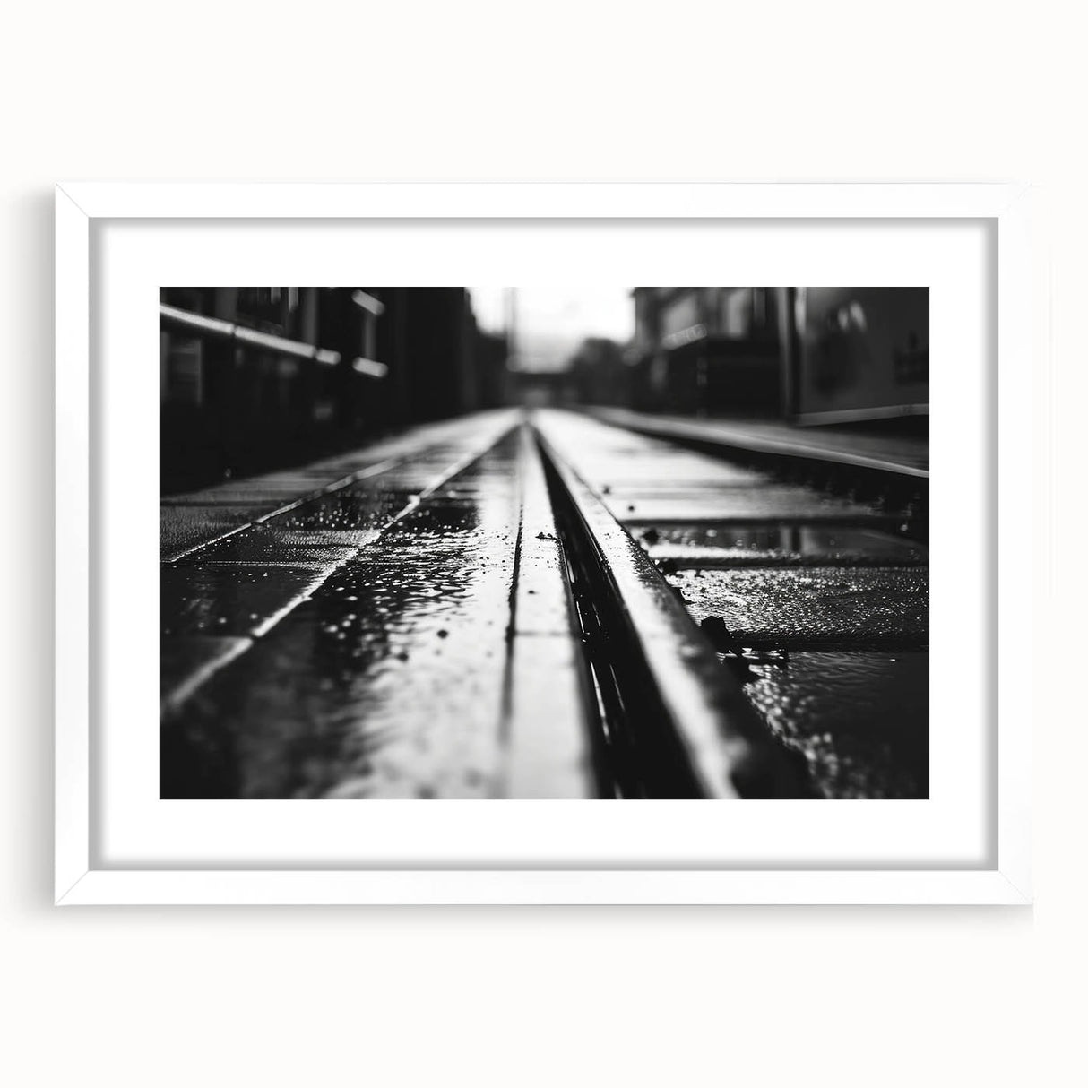 Framed wall art collection showcasing a scenic landscape with railroad tracks, featuring a white mat and sleek modern frame, ideal for home decor or office aesthetics.