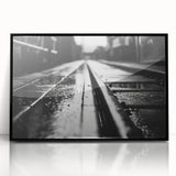 Framed acrylic wall art featuring a vibrant railroad landscape design with a black frame, showcasing intricate details and colors perfect for home decor.