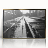 Framed acrylic wall art featuring a vibrant landscape design with railroad elements, set in a sleek gold frame, perfect for modern home decor.