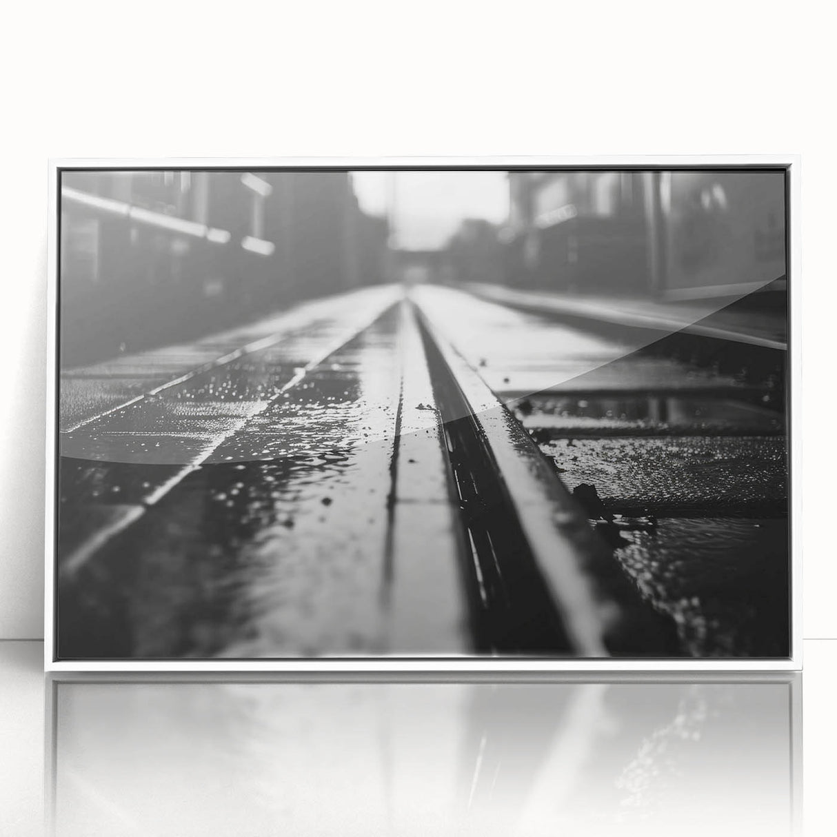 Framed wall art collection showcasing a scenic railroad landscape design in acrylic, featuring vibrant colors and a sleek white frame, perfect for home decor.